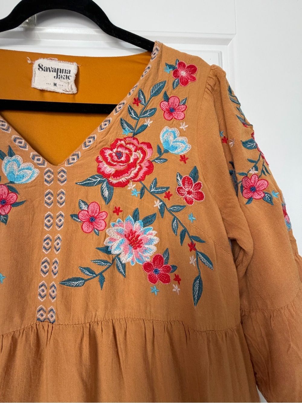 Savanna Jane Mustard Tiered Dress with Multicolor Floral Embroidery-Med - Picture 5 of 10